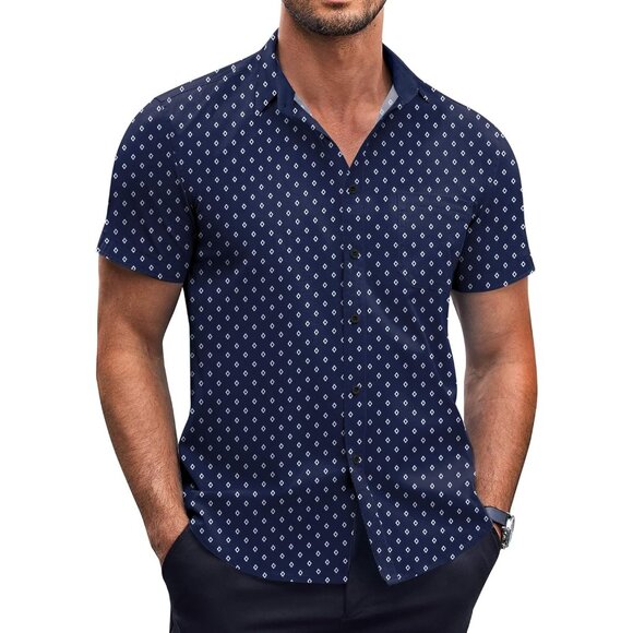 Blue rhombic Men Short Sleeve Button Down Wrinkle Free Polka Dot Print Shirt - Picture 1 of 5